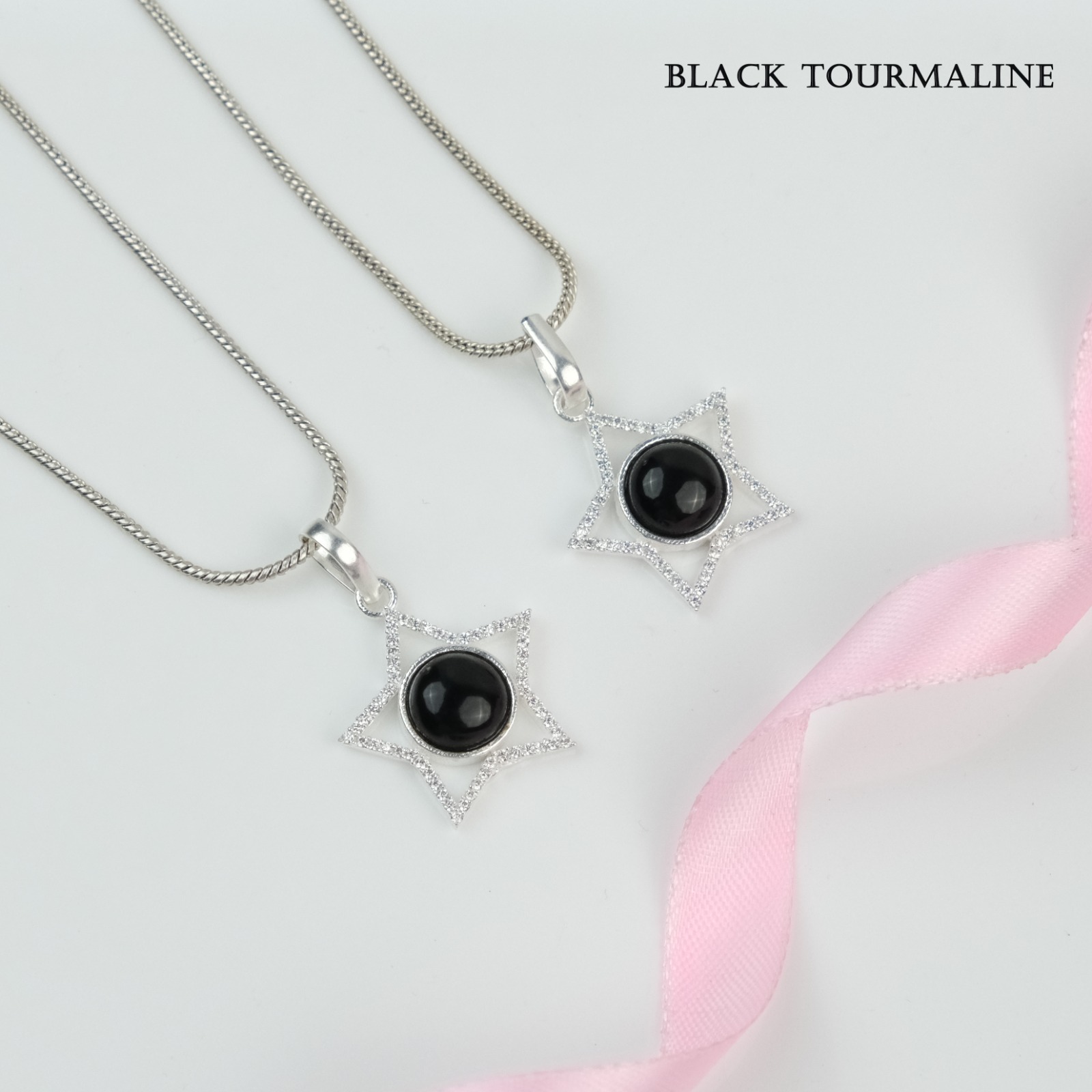 Black Tourmaline Star Shape Pendant With American Diamonds