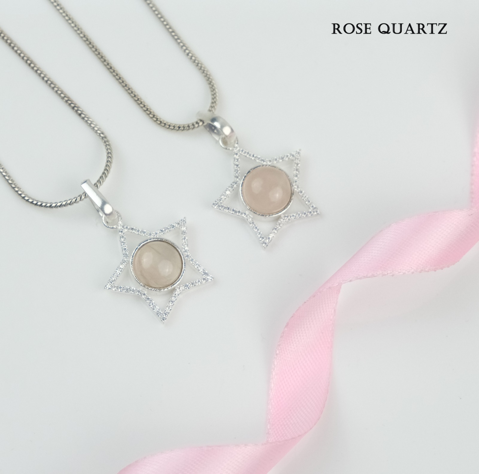 Rose Quartz Star Shape Pendant With American Diamonds